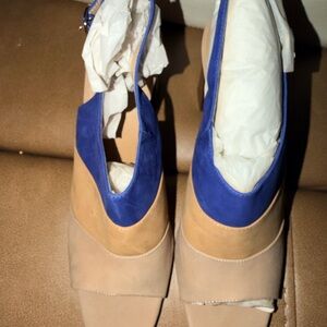 Vaneli Women's Taylor Two-Tone Slingback Stacked Heel Blue and Tan